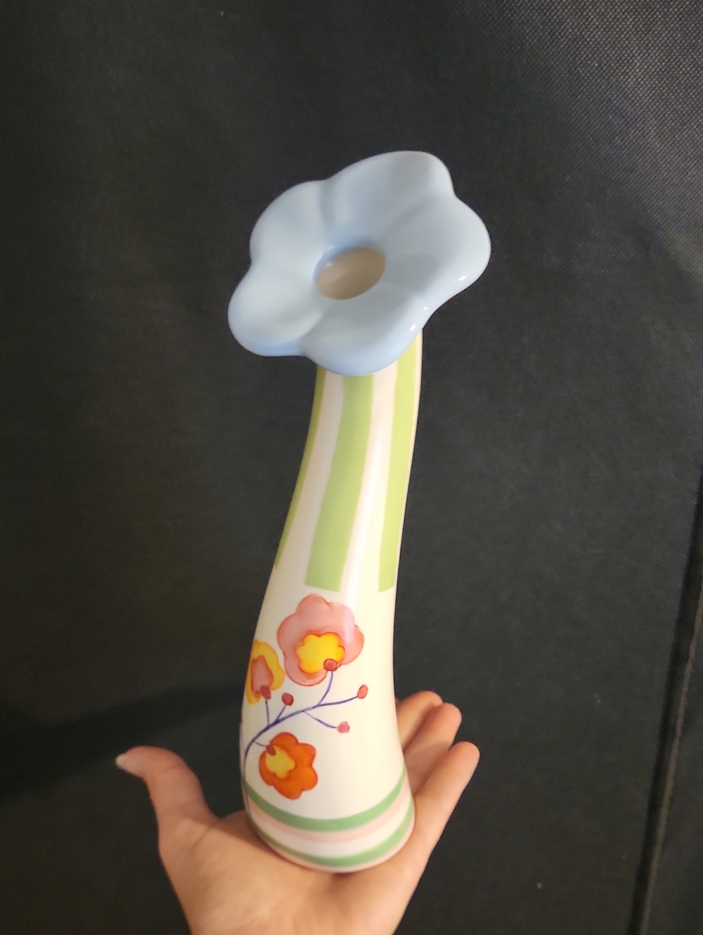 Hand-Painted Floral Ceramic Bud Vase - White and Green 10in Tall Some Crazing